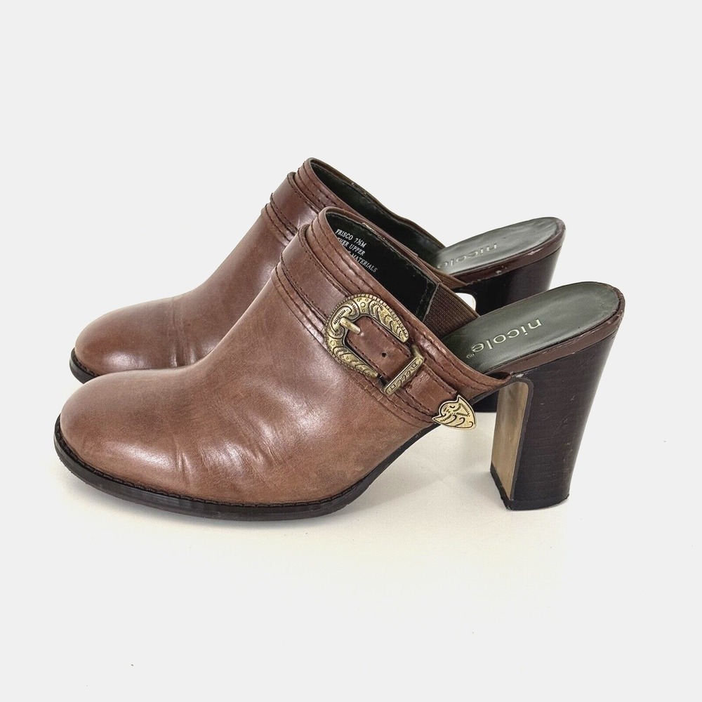 Nicole Frisco Leather Clogs Women's Brown Sz‎ 7.5 Adjustable Buckle Boho Western